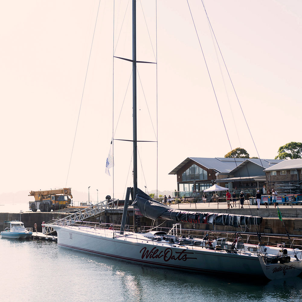 Photograph of Wild Oats XI in front of Woolwich Dock in Sydney